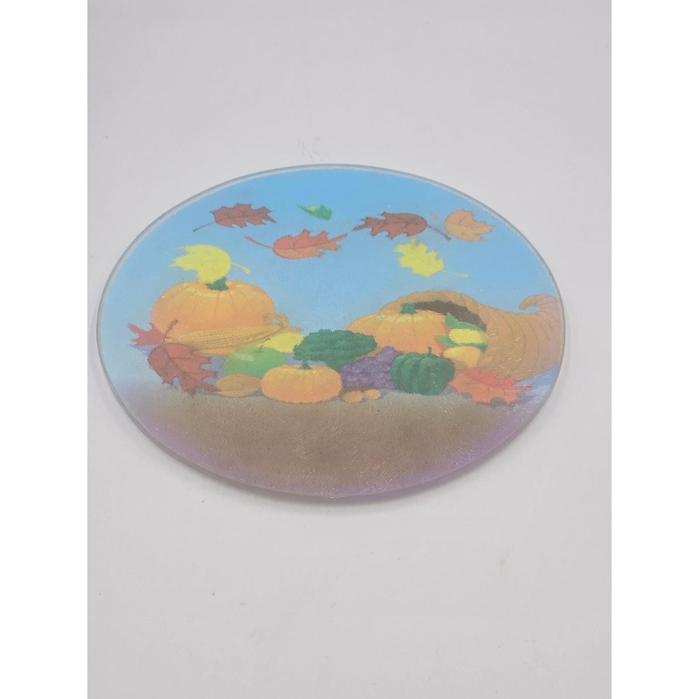 Vintage Autumn Harvest Glass Cutting Board Round Cornucopia Pumpkin 8 Inch